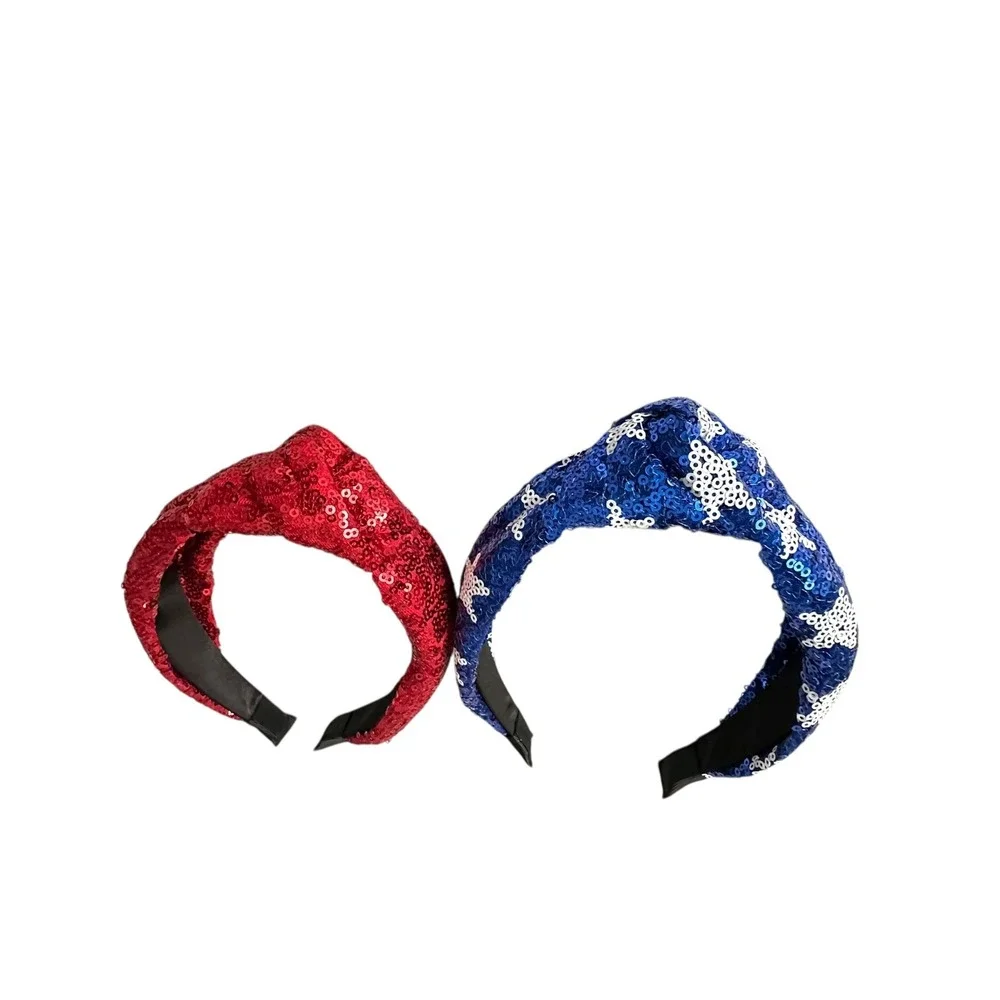 Kids Sequin Knot Headbands‎ Red Blue Star Patriotic Headwear Set